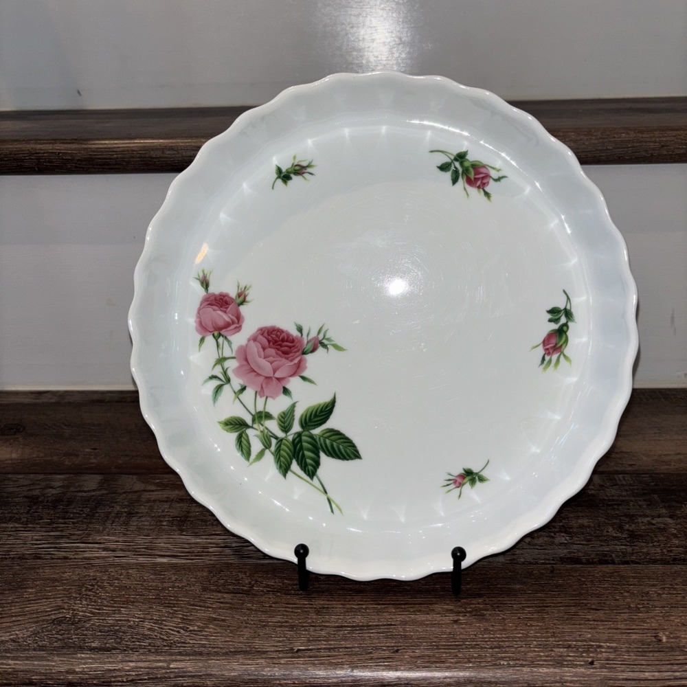 CHRISTINEHOLM Porcelain Rose Fluted Quiche Tart Pie Dish Bakeware 9.5"